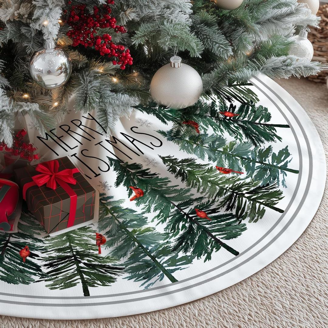 CROWNED BEAUTY Christmas Tree Skirt Collar 48 Inch Green Pine Trees Red Cardinals Soft Farmhouse Holiday Decoration (Green) TS37