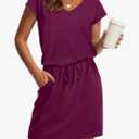 OFEEFAN Summer Dresses for Women 2025 V Neck T Shirt Casual Mini Dresses Tie Waist Sundresses with Pockets, Medium, Purplish Red