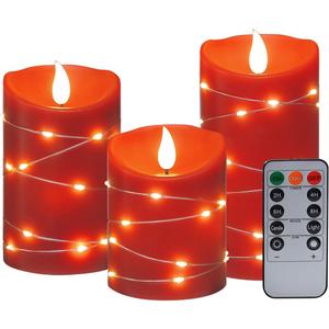 Flameless Candle Battery Powered Embedded Light String LED Candle 11 Key Remote Control and Timer Function Flashing Flame Candle 3-Piece Set (red) (Red-bevel-2A)