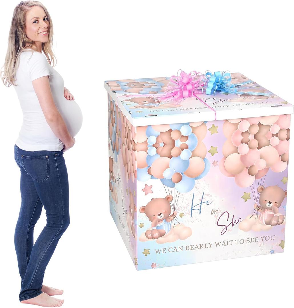 AmazingSpark 28in Jumbo Gender Reveal Gift Box Kit with Oversized Box Giant Pull Bows for Gender Reveal Baby Shower Birthday Party Decor (Boho Teddy Bear), 1 Count