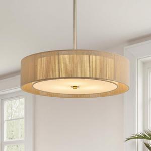 VONLUCE Boho Chandelier, 20.1" 4-Light Drum Chandelier with 2-Tier Rattan & Linen Lampshade, Rattan Ceiling Light for Dining Room Bedroom Living Room with E26 Sockets, Nickel Finish, ETL Certified