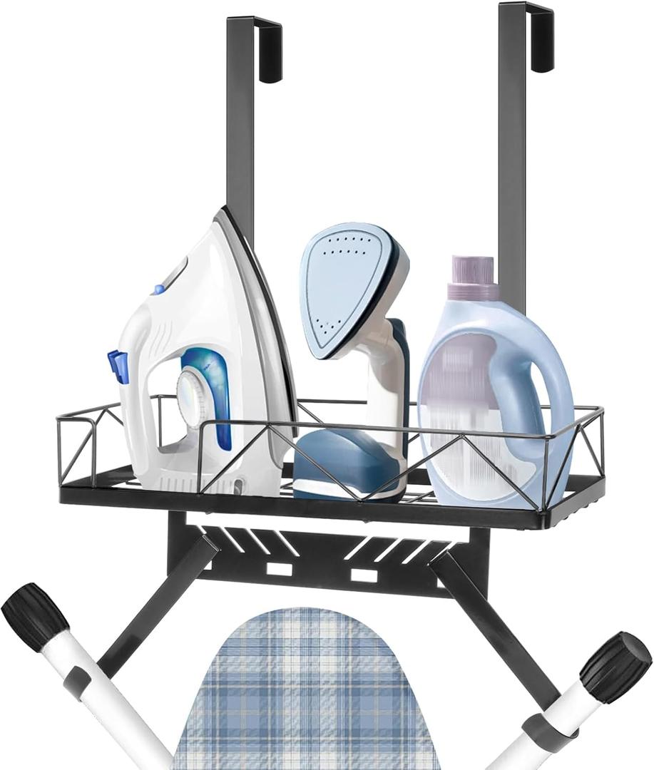 Siyzda Ironing Board Hanger, Metal Over The Door or Wall Mounted Ironing Board Caddy, Ironing Board Storage Shelf with Adjustable Hooks for Laundry Room, Living Room, Bathroom (Matte Black)