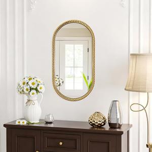 Gold Oval Mirror, 12"x24" Hanging Wall Mirror with Antique Gold Braided Metal Cord Frame, Modern Distressed Wall Decor for Bedroom, Living Room, Entryway