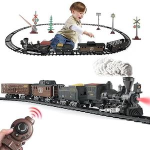 Electric Train Set Steam Train Toys with Remote Control Christmas Train for Under The Trees with Smokes,Light & Sounds, for 3 4 5 6 7+ Years Old Kids