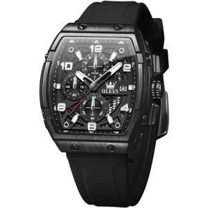 OLEVS Men Black Watch Big Face Dress Casual Original Waterproof Watch for Men Chronograph Silicon Band 
