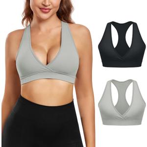 VEQKING Racerback Sports Bra for Women Crossover Deep V-Neck Light Support Bralette, A-C Cup, Pack of 2 (Medium)