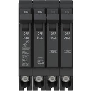 ABB Q-Line THQLQ201520 Quad Circuit Breaker  20A/1P & 15A/2P & 20A/1P Configuration  120/240 VAC, 10 kAIC  Thermal Magnetic Trip  Space-Saving Plug-in Mount Type