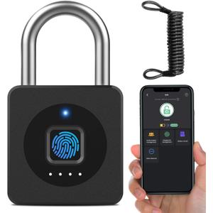 eLinkSmart Fingerprint Gym Locker Lock, Keyless Biometric Padlock, Weatherproof Electronic Digital Smart Combo Pad Lock for Outdoor Fence Gate Storage Fridge Helmet Ski Pool Shed (Black, with Cable)