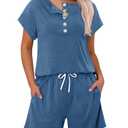 KISSMODA Women's Drawstring Waist Loose Fit Loungewear Set with Pockets (Blue, L)