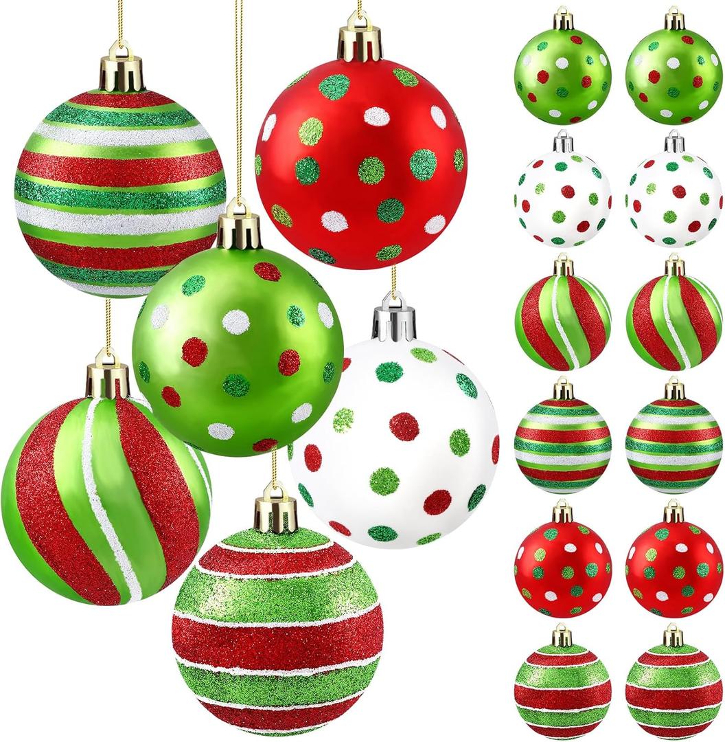 DIYDEC 18pcs Christmas Balls Ornament 2.4 Inch Glittering Hanging Xmas Balls for Tree Decoration Swirl Candy Cane Elf Balls Red Green Plastic Christmas Baubles for Home Indoor Holiday Party Decor (6cm)