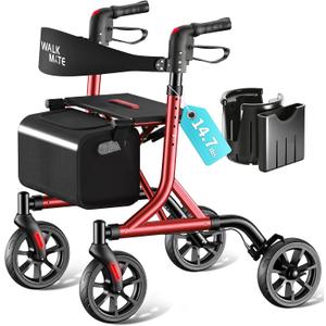 WALK MATE Rollator Walker for Seniors with Cup Holder, Upgraded Thumb Press Button for Height Adjustment, 8 Inch Wheels Walker with Seat Folding 14.7lb Lightweight Walking Aid, 300 lb Capacity, Red