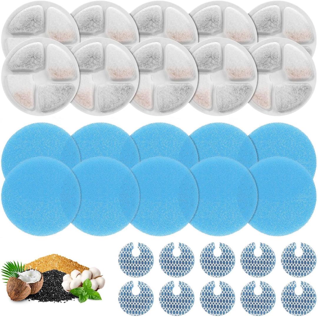 2 x 10 Set Cat Water Fountain Filters for 2L/67oz Round Stainless Steel Pet Water Fountain, ZEKIRY Pet Water Fountain Filters, Triple Filtration Replacement Filters(10 Filter, 10 Sponge, 10 8D Sponge)