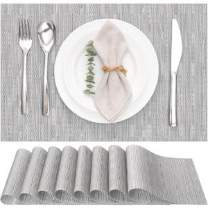 Myir JUN Placemats Set of 8, Vinyl Woven Placemats Place Mats Indoor Set of 8 Washable Table Mats Non-Slip Place mats for Dining Table (Silver, Set of 8)