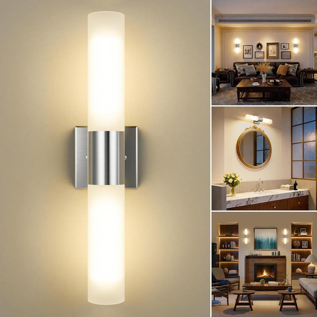 Kalium Bathroom Wall Sconce Fixture, 21 Inch Modern Vanity Lights with Frosted Glass Shade, Indoor Sconces Lighting Wall Decor Lamps for Bathrooms Living Room Stairs Bedroom (Silver) (Brushed Nickle-1PCS)