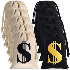 Shihanee 12 Pcs 9 x 6.3 Inches Canvas Money Bag with Drawstring Closure Costume Money Bag Pouch Dollar Sign Carrying Sack Prop for Party favor Bank Robber Pirate Cowboy Cosplay Theme Party