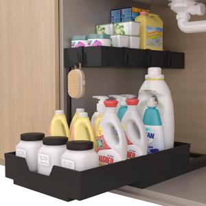 NATURE'S SOURCE Under Sink Organizers, Sliding L-shape Cabinet Organizers Narrow Space Storage Multi-purpose Sink Organizer Baskets with 4 Hook for Bathroom Kitchen Drawer (Black, 1 pack)