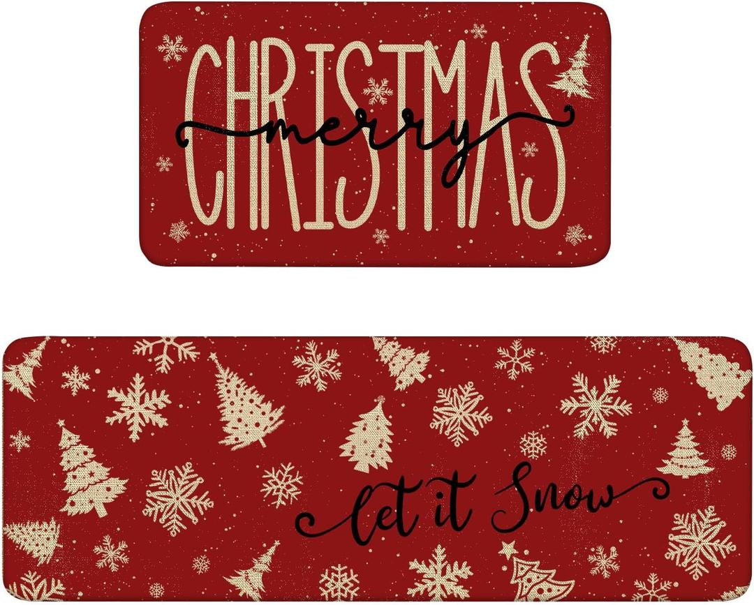 Red Christmas Kitchen Mats Set of 2, Linen Xmas Kitchen Rugs, Merry Christmas & Let It Snow Design, Non-Slip Floor Mats for Kitchen, Entryway Christmas Decor 17x30+17x47 Inch