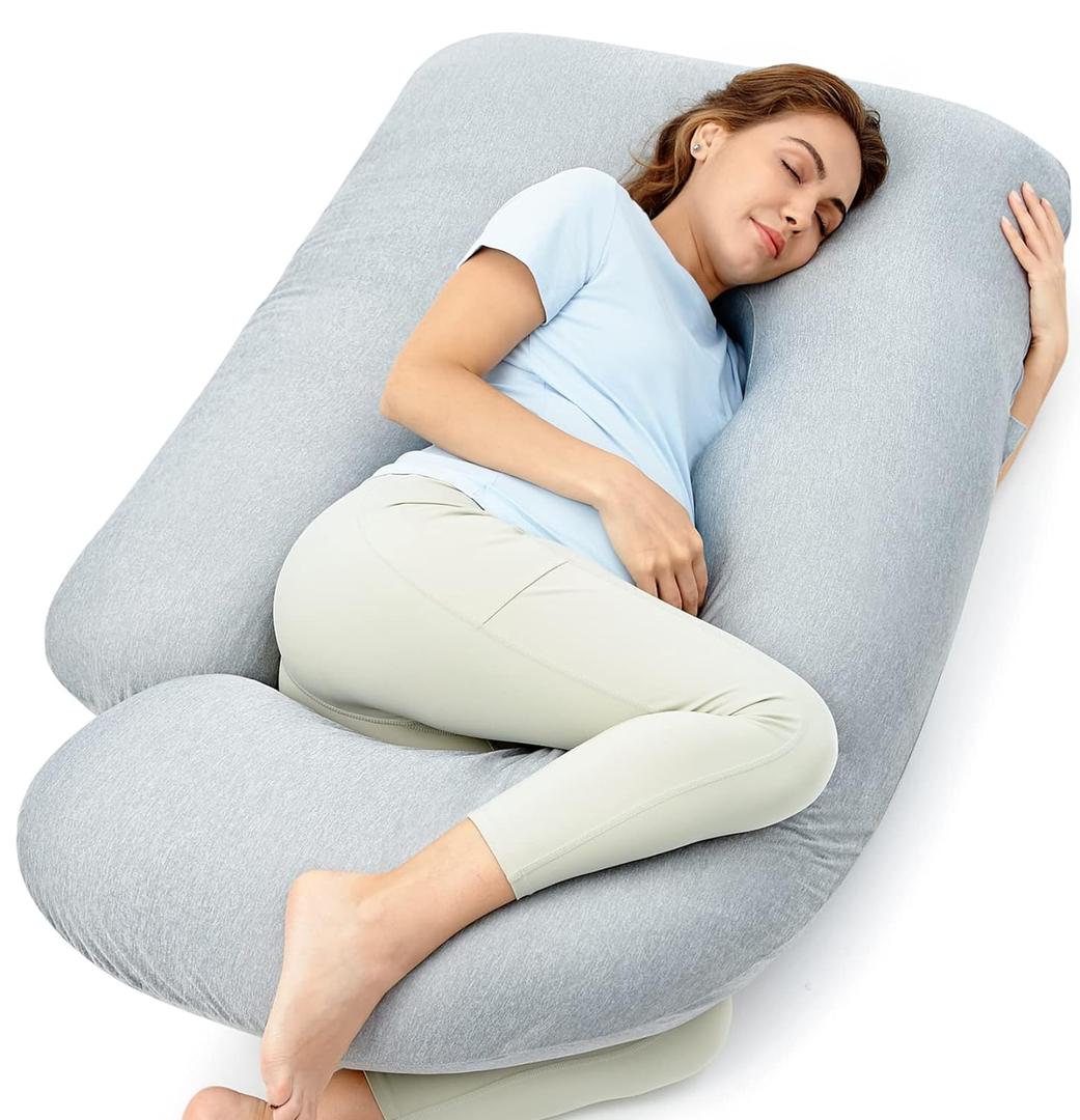 Momcozy Pregnancy Pillows with Cooling Cover, U-Shaped Full Body Maternity Pillow for Side Sleepers 57 Inch - Support for Back, Hip, Belly, Legs for Pregnant Women (Grey- Cooling Fabric)