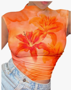 Women's Y2K Floral Graphic Ruched Tank Top Mock Neck Sleeveless Fitted Crop Tops,Orange, Large 
