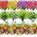 24 Bundles 8 Styles Artificial Flowers for Outdoors UV Resistant Fake Flowers Faux Plastic Plants Colorful Daisy Boston Fern Lavender Cemetery Flowers for Outside Indoor Home Porch Patio Spring Decor