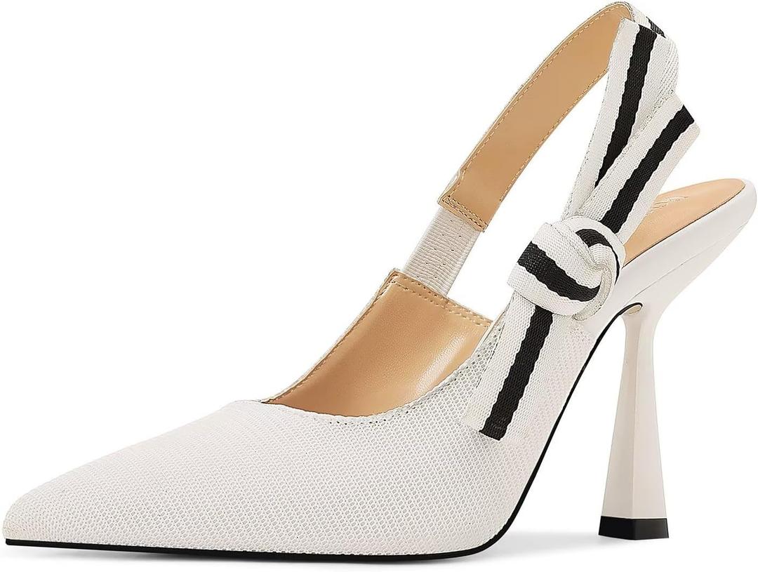 Slingback Heels for Women Closed Pointed Toe High Heels Bowknot Knitted Dress Work Wedding Pumps Shoes (9, White)