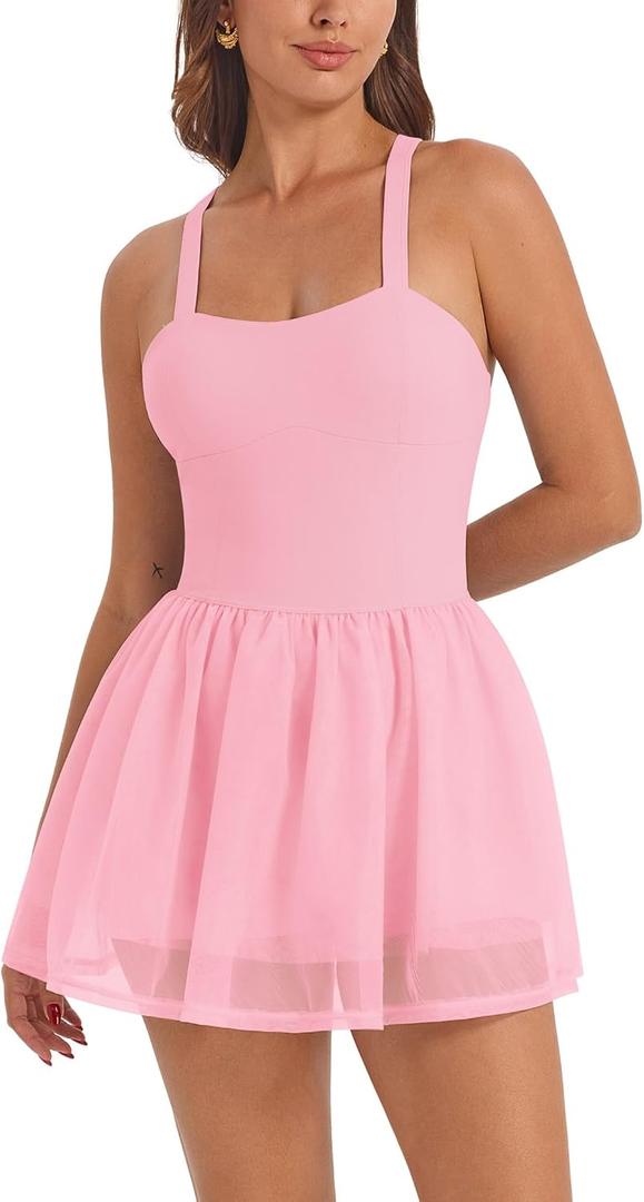 ABOCIW Womns Mesh Hem Tennis Dress Built in Bra and Shorts Cross Back Workout Golf Athletic Dress with Pocket, Large