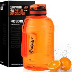 SQUATZ 78 Oz Poseidon Series Sports Water Bottle - Premium Quality Big Volume Wide Mouth protein Shake Gym Flask, Fixed Buckle Carrying Strap, Leak Resistance, Zero Condensation Sleeve (Orange)
