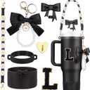7Pcs Black Stanley Cup Accessories for 40Oz 30Oz 20Oz, Women Teen Girls Gifts, Stanley Tumbler Cup Decoration with Straw Topper, Bow Charm, Silicone Boot, Handle Strap, Letter Sticker Large