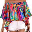 GORGLITTER Women's Off The Shoulder Tops Boho Asymmetrical 3/4 Sleeve Ruffle Colorful Blouses Shirt Tops Dressy Casual (Medium, Pink Graphic)