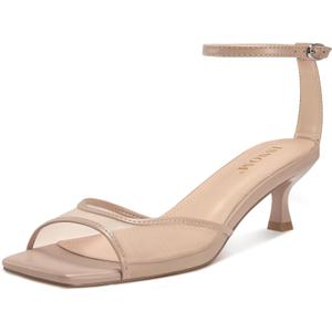 ISNOM Womens Mesh Kitten Heels Sandals Square Toe Ankle Buckle Strap Low Heels Comfort Summer Dress Shoes (8, Matte Nude)