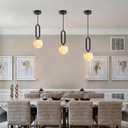 Modern Minimalist Natural Alabaster Stone Pendant Light Frosted Sphere Linear Black Metal Adjustable Hanging Lamp with G9 Base for Bedroom Kitchen Island Dining Room, One Size