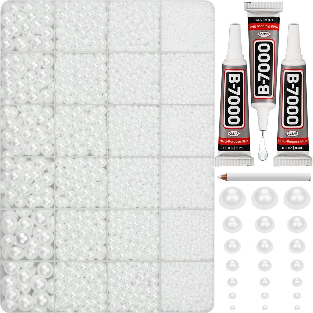 16000Pcs Flatback Pearl Rhinestone for Crafting, Flat Back Pearls and Rhinestones for Crafting, White Half Pearls for Crafts Nail Art with B7000 Glue Clear, 2,3,4,5,6,8,10mm