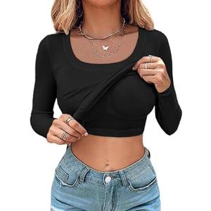 CHICME Women's Fall Long Sleeve Square Neck 2025 T Shirts with Built-in Shelf Bra Ribbed Knit Slim Fit Casual Basic Tops L