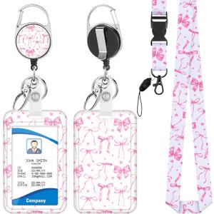 Bow Lanyards for ID Badges Holder Valentines Day Badge Reel Retractable with Clip Funny Badge Holder with Pink Lanyard for Workers Students Teachers Nurse