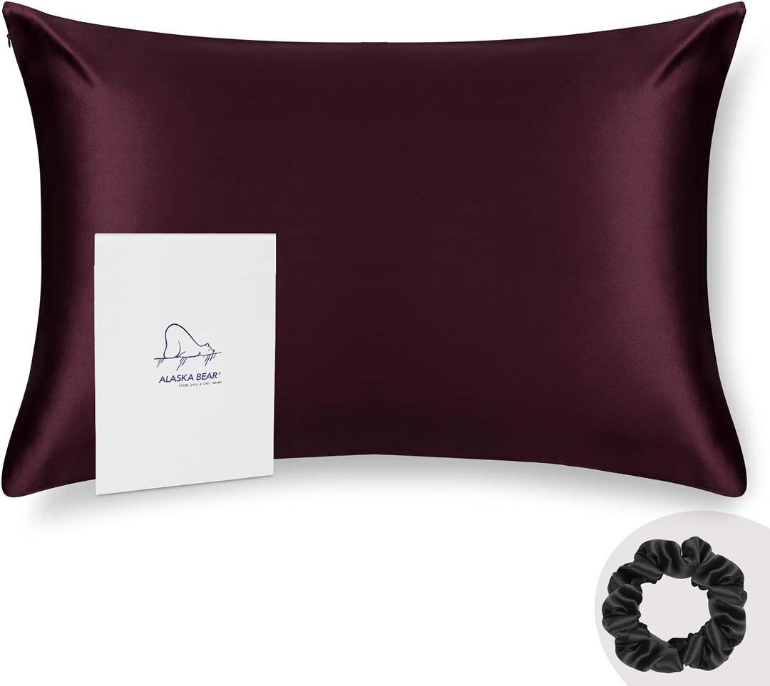 ALASKA BEAR King Silk Pillowcase and Scrunchie Gift Set Pillow Cases for Acne, Eyelashes & Extensions (1 Pack, Red Burgundy) (King 20''x36'')
