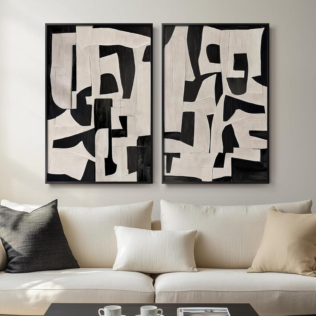 Large Framed Black and White Abstract Wall Art for Living Room, Set of 2 Piece Minimalist Canvas Paintings Artwork for Walls, Modern Art Prints Pictures for Hallway Office Wall Decor Big Size 24x36 In (36" H x 48" W, Duet)