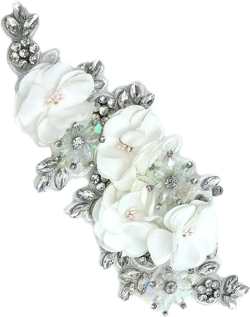 1pc Handmade Rhinestone Applique for Clothes, 3D Flower Fabric Patches for Wedding Dress, Bling Beaded Embroidery Lace Applique for Hat Hairband Sewing Embellishment (White)