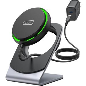 INIU Wireless Charger, 15W Fast Charging Magnetic Wireless Charger Stand, Travel Essential Wireless Charging Station with Sleep-Friendly Adaptive Light, for iPhone 16/15/14/13/12 Series, Airpods (Black)