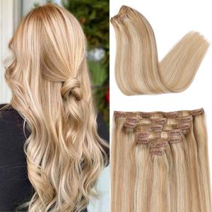 ORIGEN Clip in Hair Extensions Real Human Hair Remy Hair Extensions for Women Full Head Light Blonde Highlights Golden Blonde 120g 7 Pcs 18 Inches (P16/22)