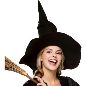 Witch Hat Adult, Ruched Witches Hat for Women, Velvet Wizard Hats for Halloween Party Cosplay Costume Accessory (Black)