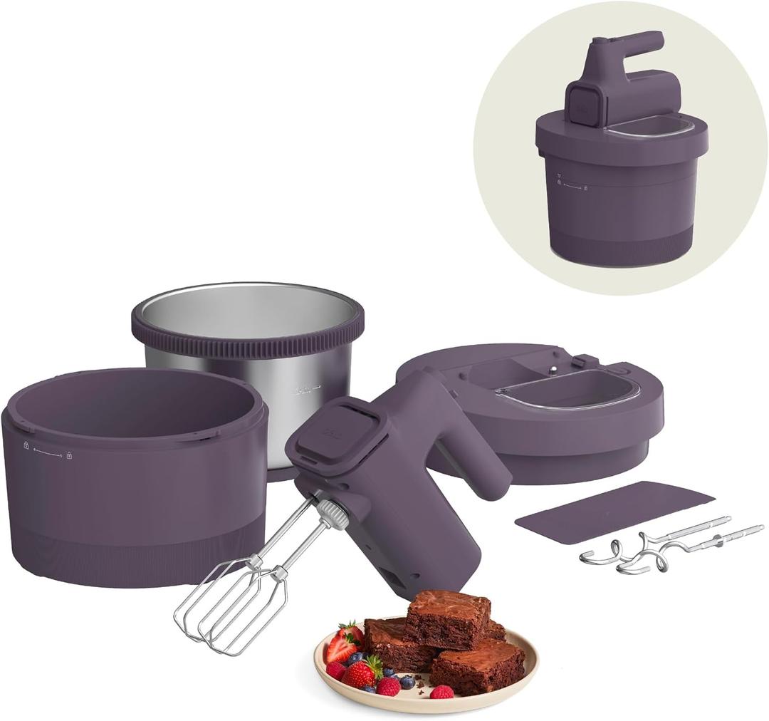 bella 3.5 Qt Hand & Stand Mixer, 2 in 1 Electric Mixer with Bowl, Dough Hook, Whisk & Egg Beater, Multifunctional Handheld Mixer for Baking, 200 Watt, Plum