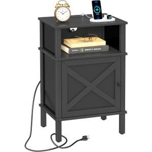 CIILAAILE Nightstand with Charging Station, Farmhouse Nightstand, end Table with 2 Tiers Storage Space and Storage Cabinet, Sofa Side Tables for Bedroom, Living Room BZ0601BKE (Black)