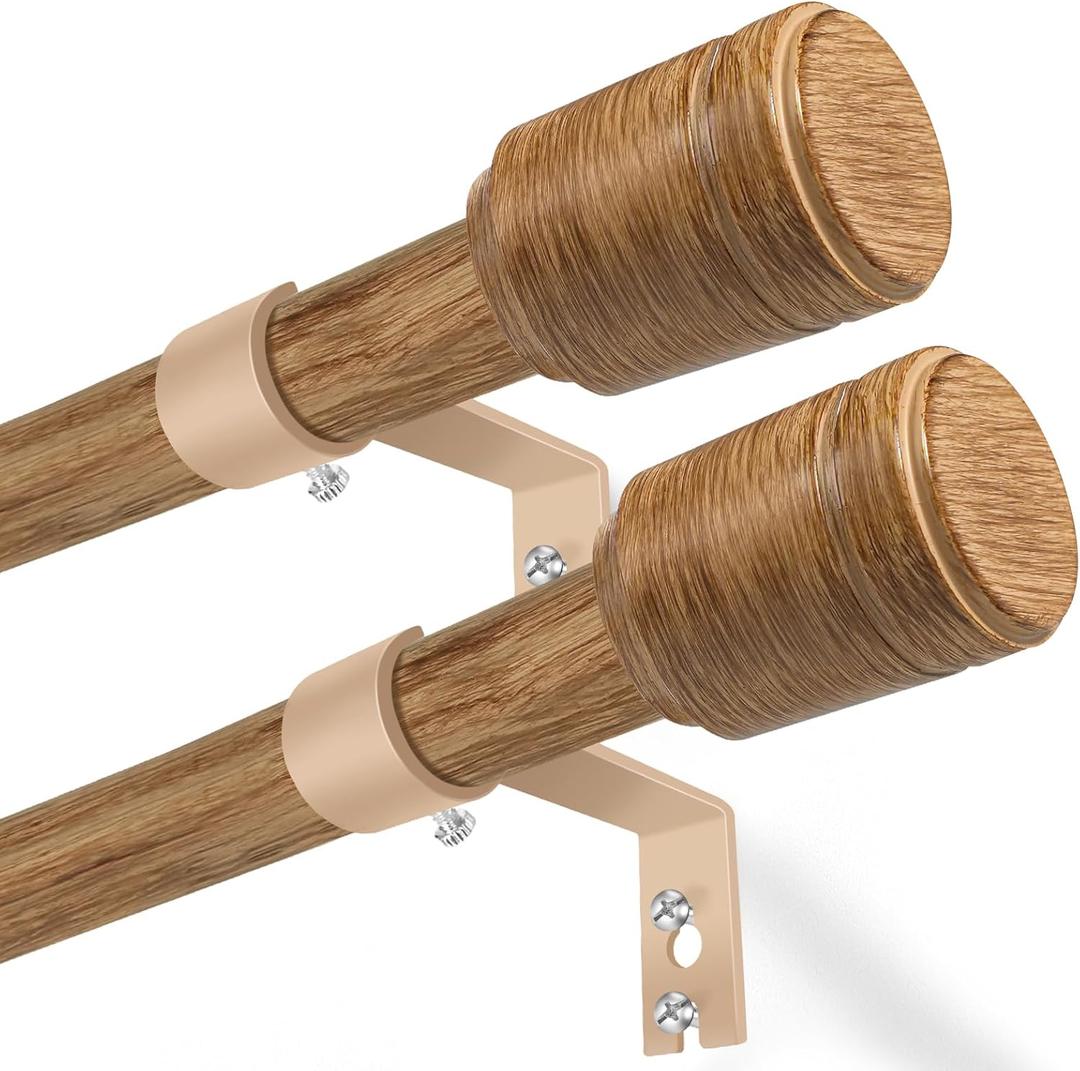 5/8 Diameter Curtain Rods 30-120 Inch, for 30-114 Inch Windows, Adjustable Splicing Wood Grain Curtain Rods for Windows with Brackets, Window Rod Long Small Curtains Rod, 2 Pack