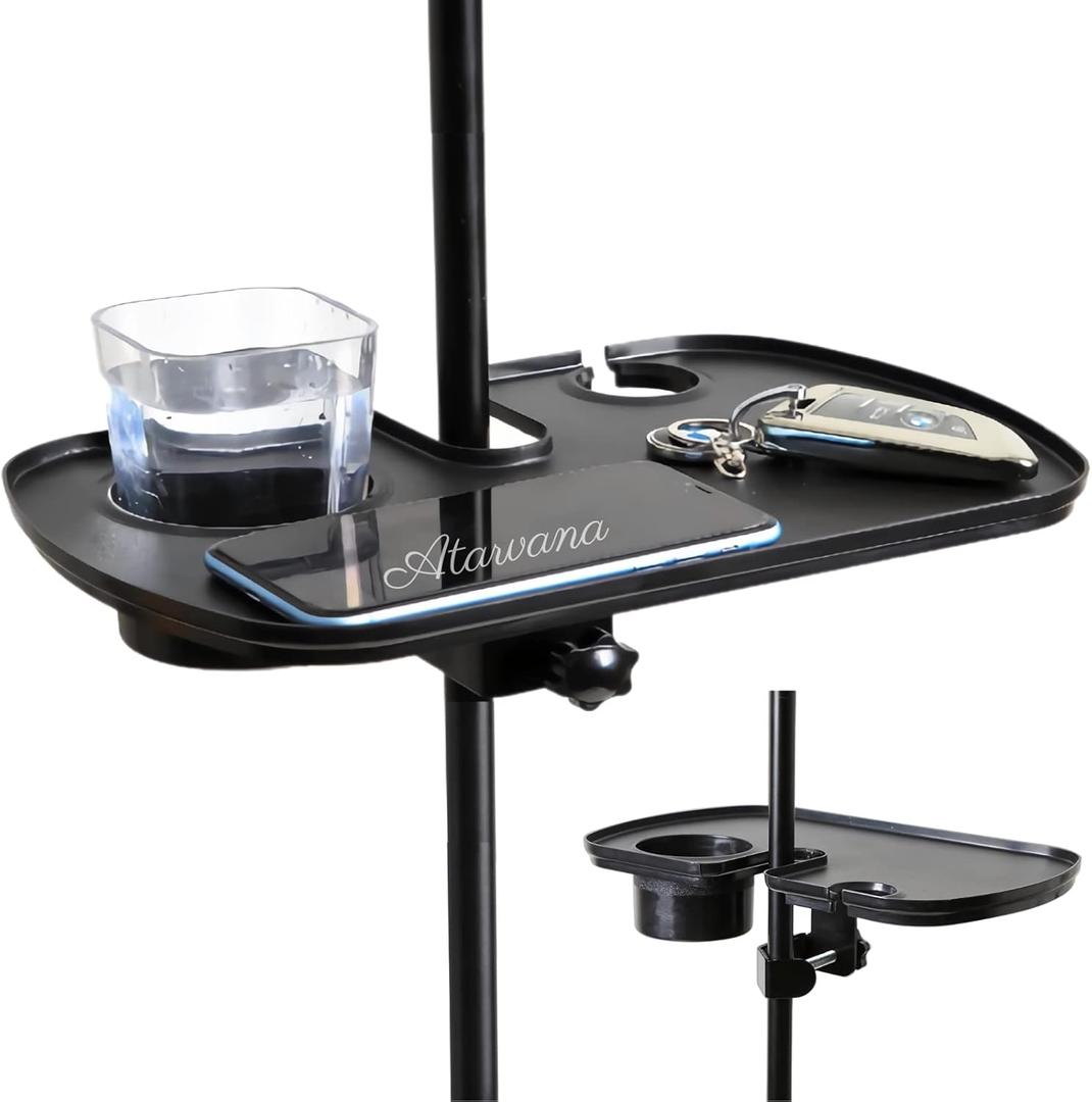 Universal Microphone Stand Tray with Drink Holder, Adjustable Mic Stand Clamp-On Utility Shelf Rack Tray Holder for Music Sheet, Live Streaming, Concert, Karaoke, Recording, Music Stand Accessories