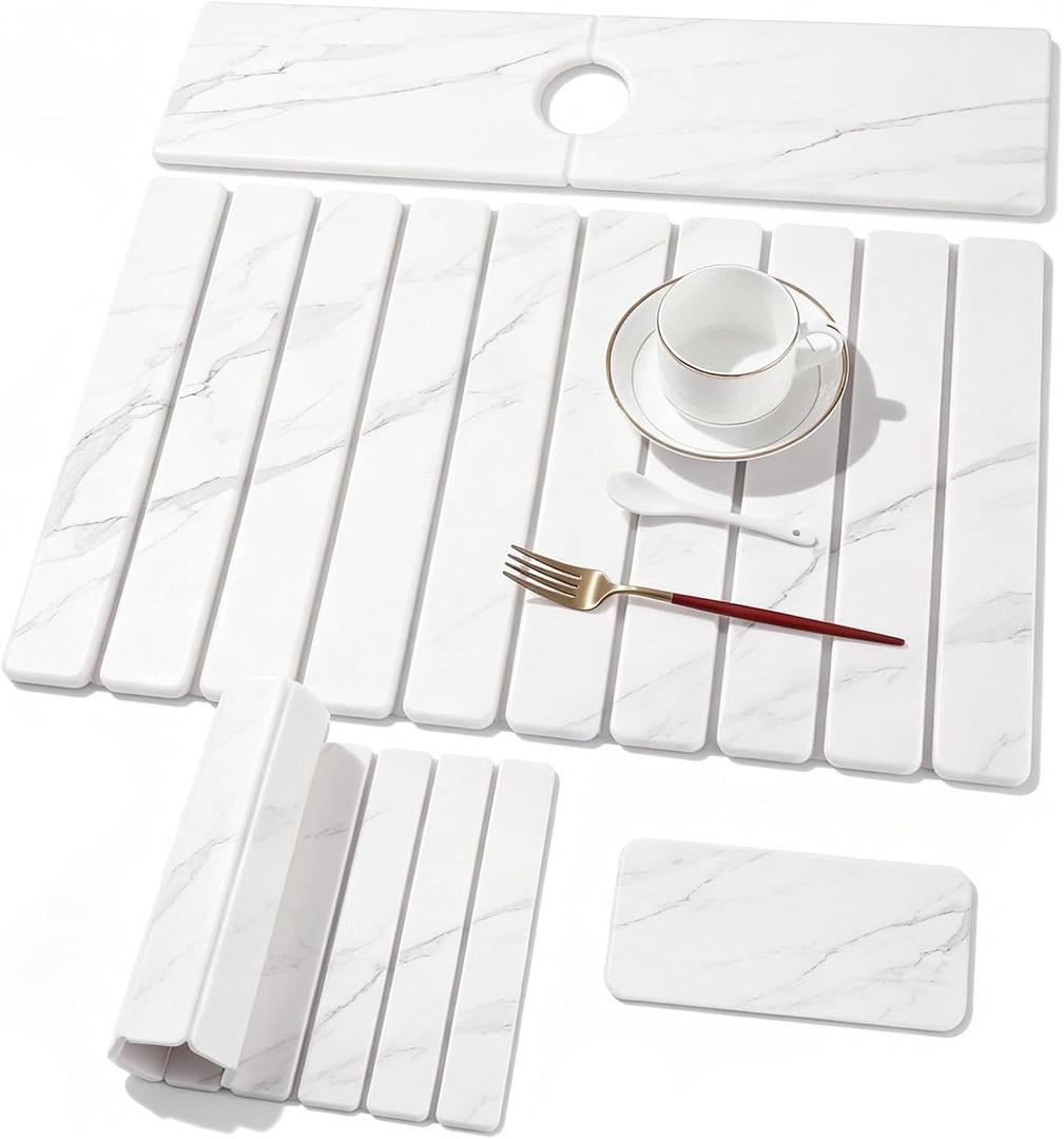 3 PCS Large Stone Dish Drying Mat for Kitchen Counter, Quick Dry Stone Dishes Mats, Sink Faucet Mat, Marble Water Absorbing Diatomaceous Earth Drying Pad for Countertop Tableware, Bottles
