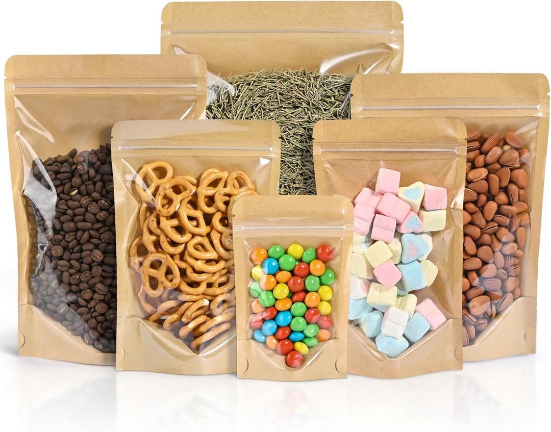FireKylin Resealable Stand Up Pouches with Zipper 100 PCS, 4.7" x 7.9", Paper Bags, With Window, Clear Fornt Pouches, Food Storage, Brown