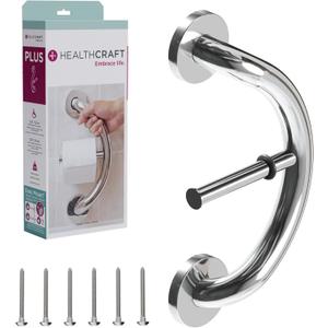 HEALTHCRAFT Plus 2-in-1 Toilet Paper Holder and Grab Bar (14 Inch) | ADA Compliant Safety Grab Bar for Seniors, Wall-Mounted, Supports Up to 500 lbs, Polished Chrome
