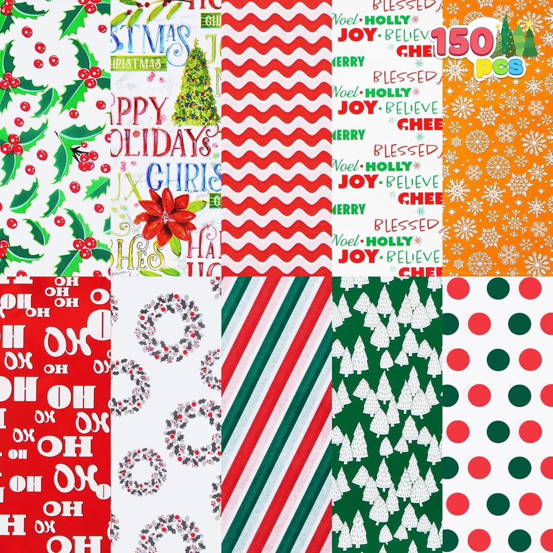 JOYIN 150 Sheets Christmas Tissue Paper Assortment (Ten Colors), 20''x20'' Wrapping Papers for Christmas Party Gift Supplies, Craft Decor, DIY Crafts, Bag&Box Gifts Wrapping