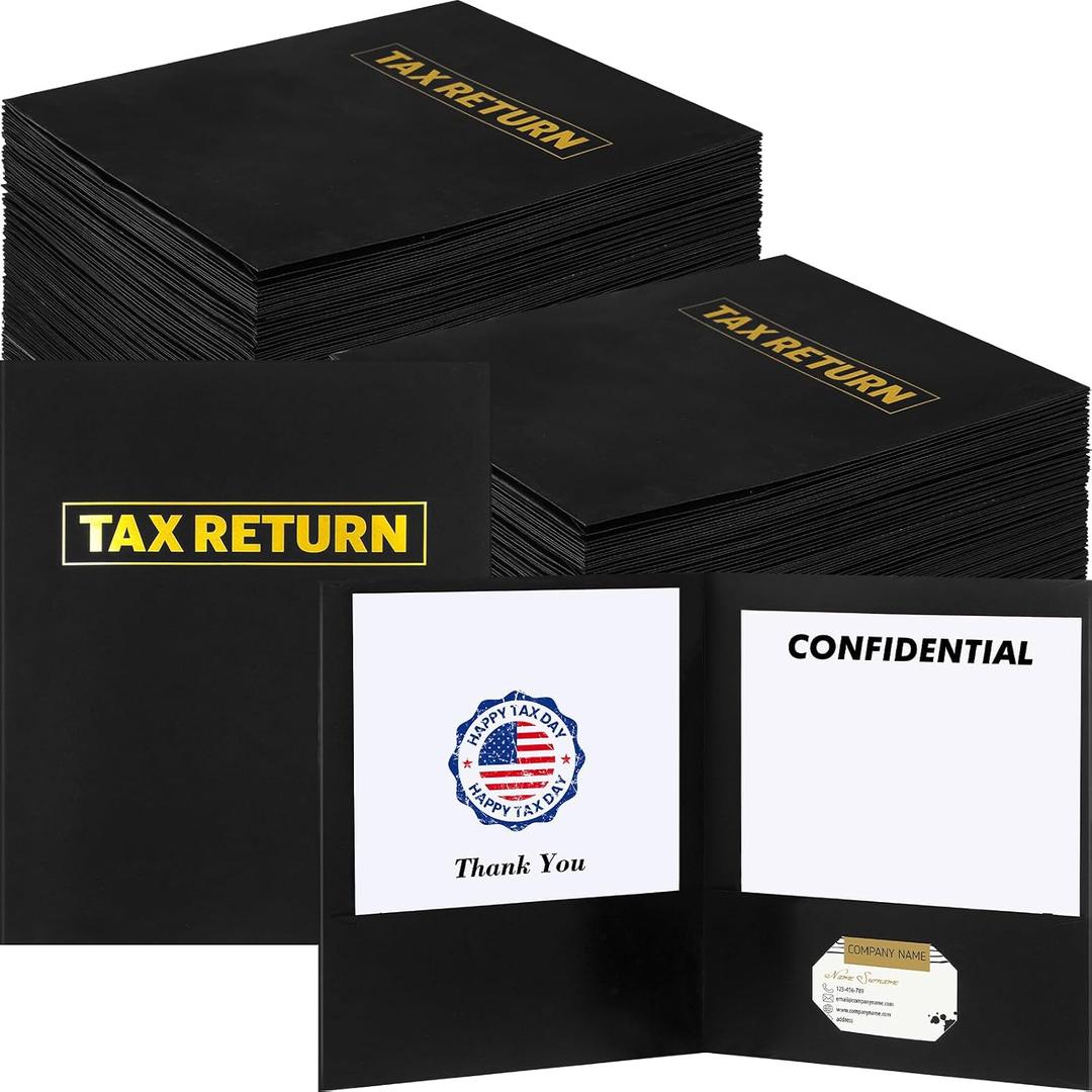 20 Pcs Tax Return Folders Bulk - Letter Size 2 Pocket Folders with Gold Printed Label for Tax Professionals & Storing Handling Personal Customer(Black)