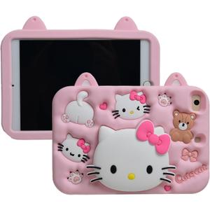 Cartoon Case for iPad 10.2"MONEHOYSY Cute Soft Silicone Kickstand [Drop Proof,Shock Proof,Anti Slip] Back Stand Cover Case for Kids Children Teens Girls Boys (Kitty-1)